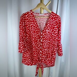 Kancystore Flounce Sleeve Vneck Red & White Tie Front Button Down Women’s Blouse